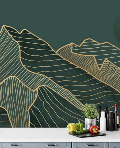 dark green and gold line mountain and moon wallpaper