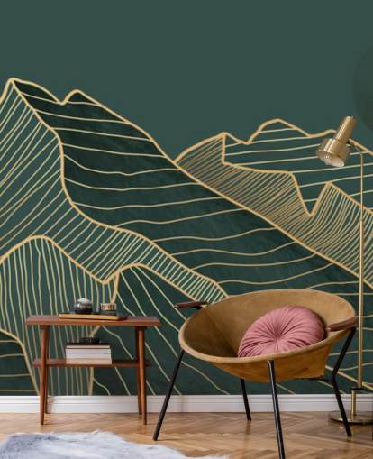 verde escuro e dourado linha montanha e lua papel de parede verde escuro e dourado linha montanha e lua papel de parede