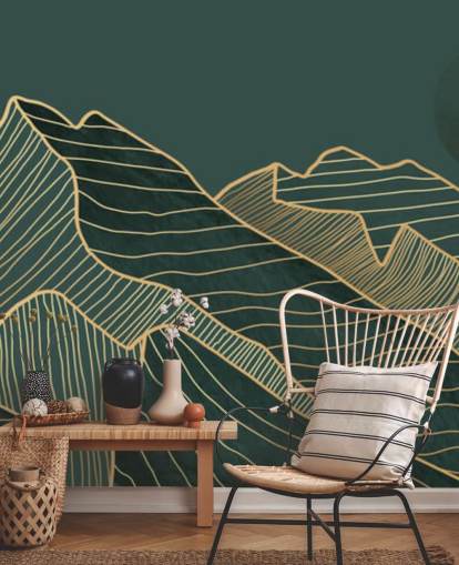 dark green and gold line mountain and moon wallpaper