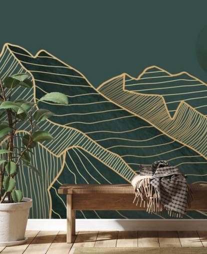 verde escuro e dourado linha montanha e lua papel de parede