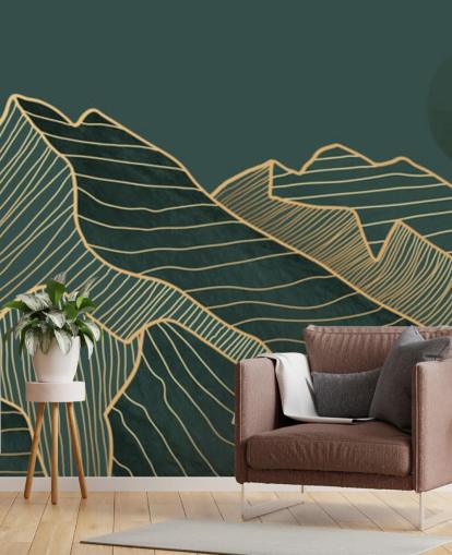 verde escuro e dourado linha montanha e lua papel de parede