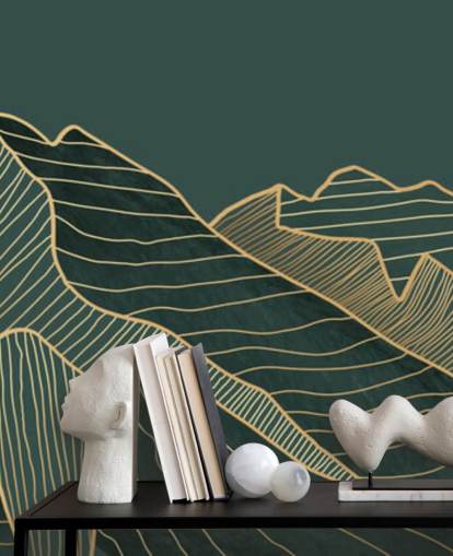 verde escuro e dourado linha montanha e lua papel de parede