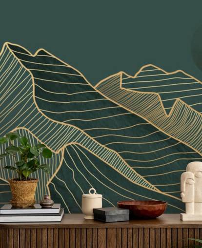 verde escuro e dourado linha montanha e lua papel de parede verde escuro e dourado linha montanha e lua papel de parede