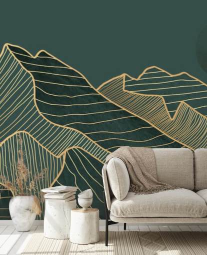 verde escuro e dourado linha montanha e lua papel de parede