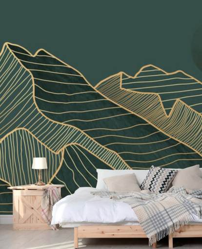 fondo de pantalla de montaña y luna de línea verde oscuro y dorado fondo de pantalla de montaña y luna de línea verde oscuro y dorado