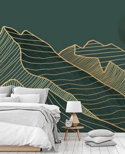 verde escuro e dourado linha montanha e lua papel de parede