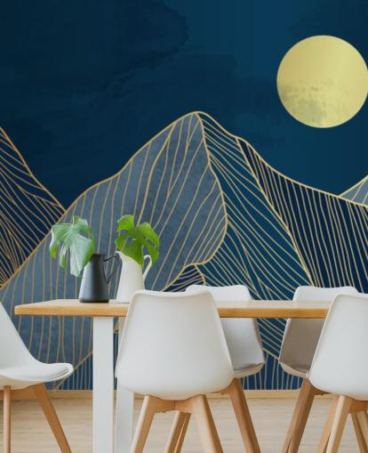 mountain line art blauw behang