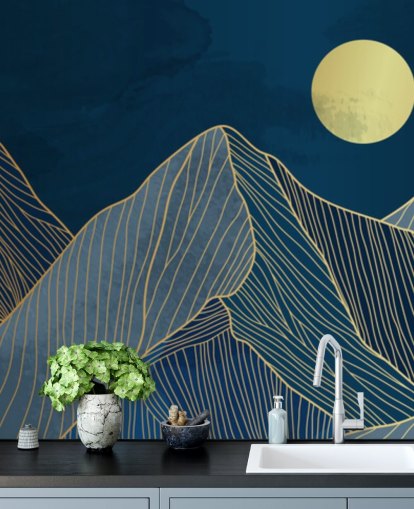 mountain line art blauw behang