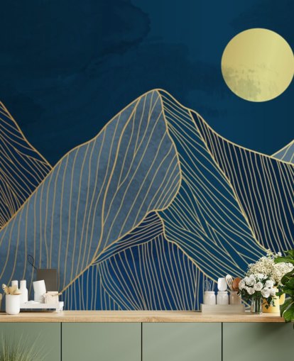 mountain line art sininen tapetti