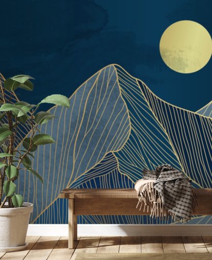 mountain line art blauw behang