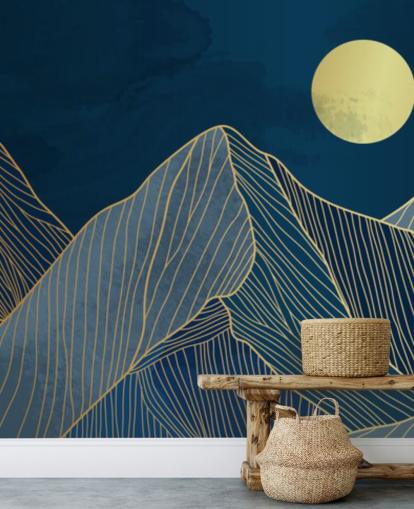 mountain line art sininen tapetti