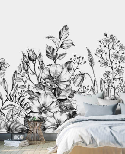 svart og hvit floral illustrasjon tapet