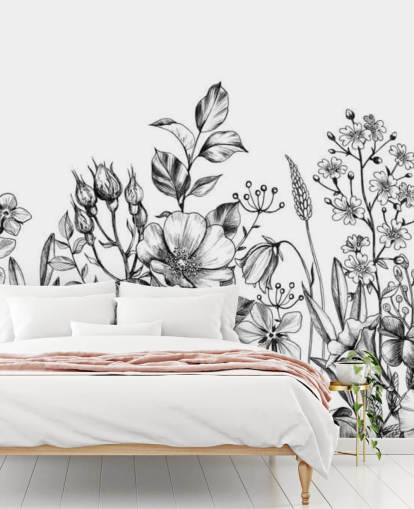 svart og hvit floral illustrasjon tapet