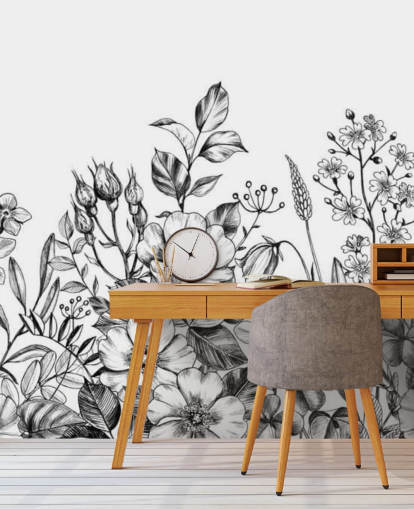 papel de parede de ilustração floral preto e branco