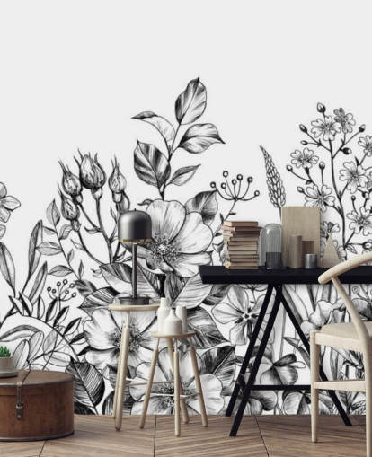 sort og hvid blomster illustration tapet