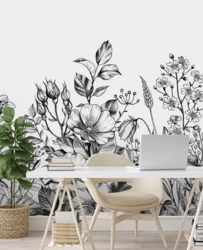 black and white floral illustration wallpaper