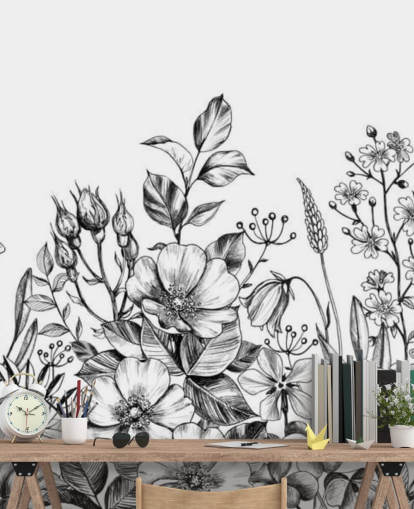 black and white floral illustration wallpaper