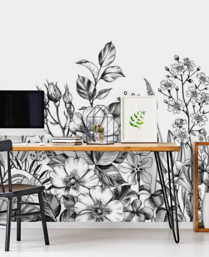 zwart-wit bloemenillustratie behang zwart-wit bloemenillustratie behang