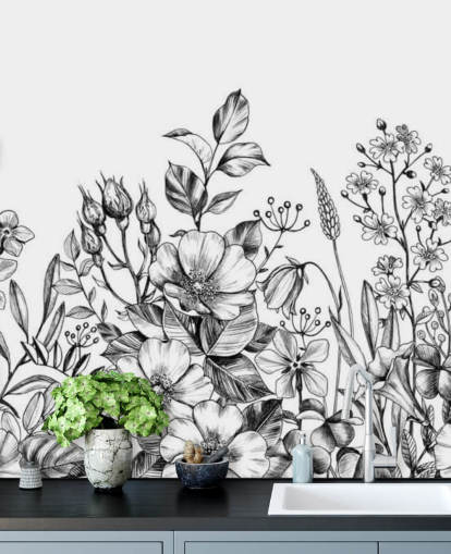 carta da parati illustrazione floreale in bianco e nero
