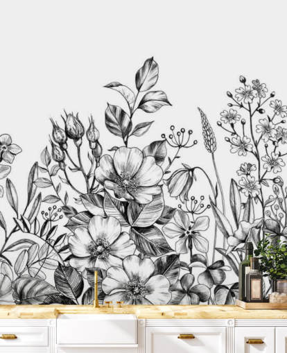 papel tapiz de ilustración floral en blanco y negro