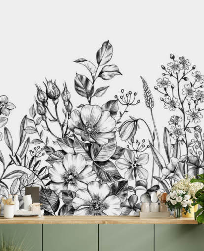 Schwarz-Weiß-Blumen-Tapete