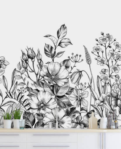 Schwarz-Weiß-Blumen-Tapete