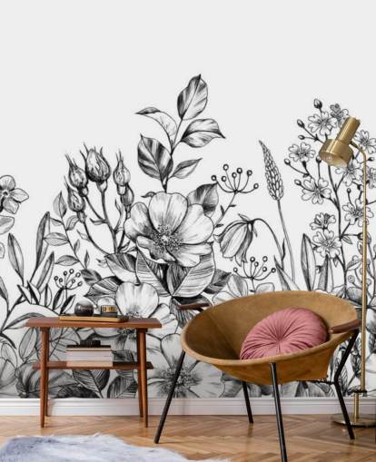 sort og hvid blomster illustration tapet