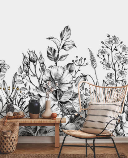 papel tapiz de ilustración floral en blanco y negro