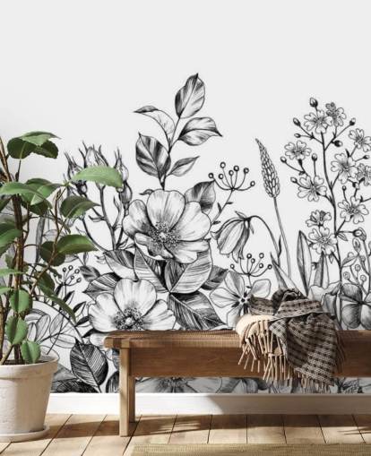 carta da parati illustrazione floreale in bianco e nero