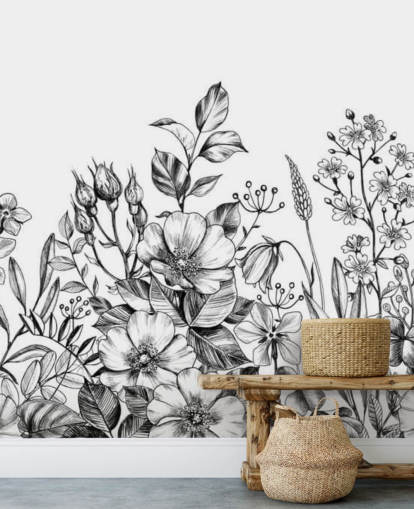svart og hvit floral illustrasjon tapet