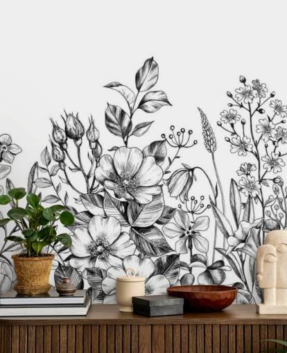 papel tapiz de ilustración floral en blanco y negro papel tapiz de ilustración floral en blanco y negro