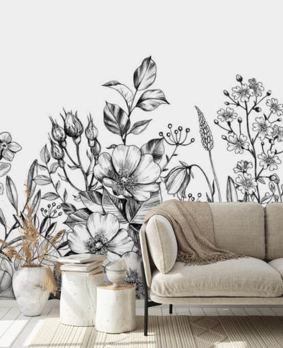 svart og hvit floral illustrasjon tapet