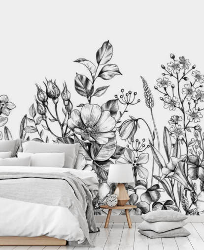 sort og hvid blomster illustration tapet