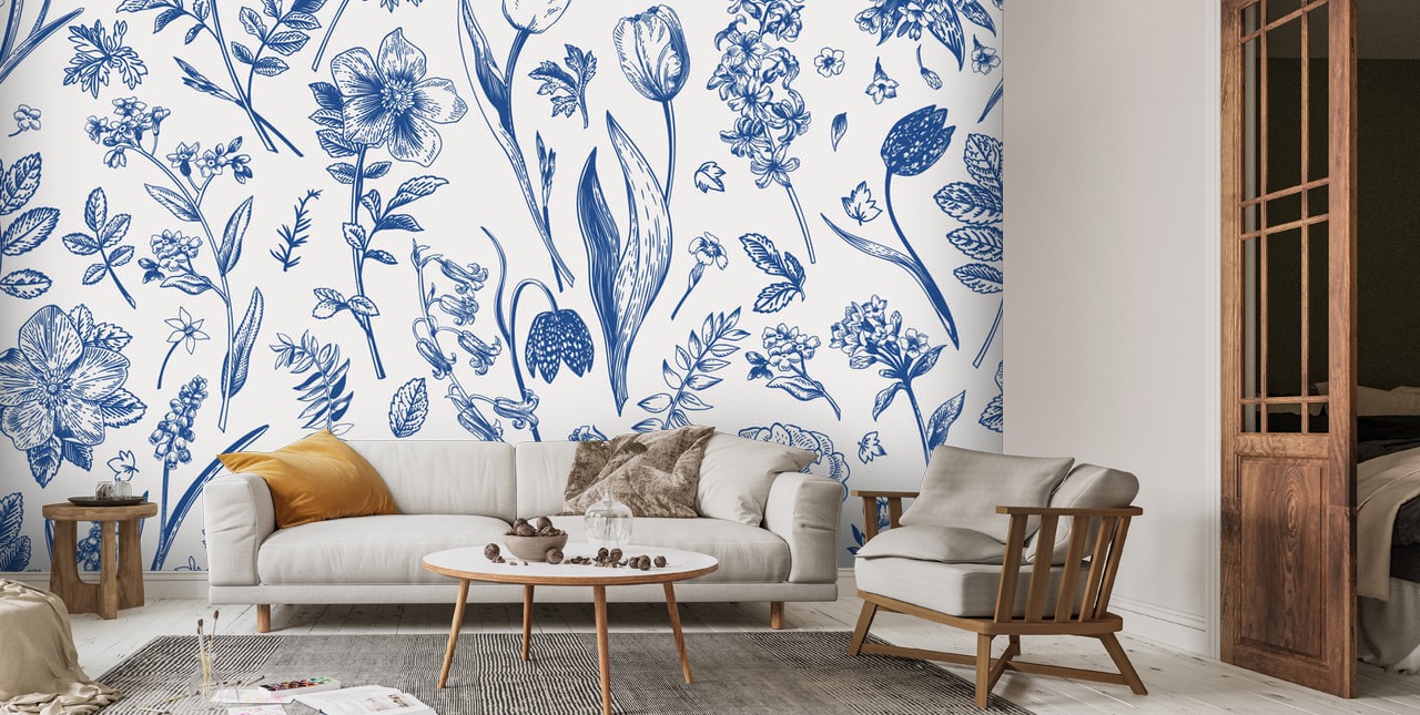 Papier Peint Fresque Fleurs Bleues et Blanches | Wallsauce FR