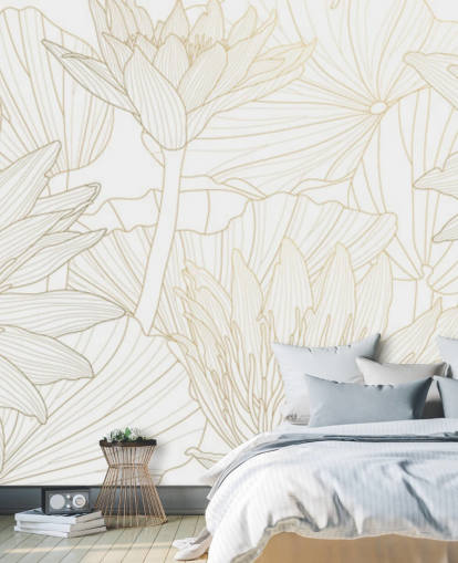 papel de parede de flores de linha dourada e branca