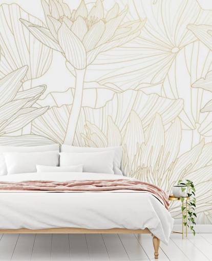 goud en wit gekleurde lijnbloemen behang