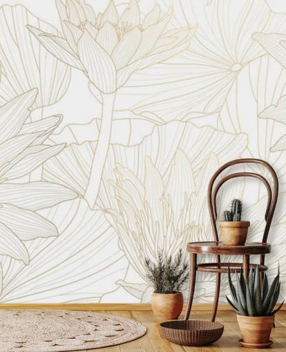 papel pintado de flores de líneas de color dorado y blanco