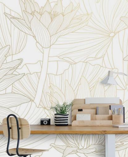 gold and white coloured line flowers wallpaper