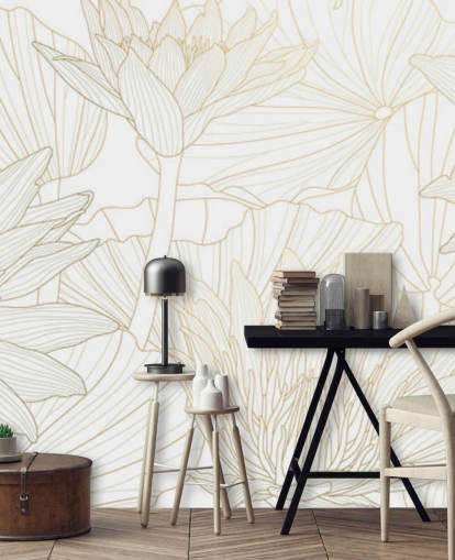 papel pintado de flores de líneas de color dorado y blanco