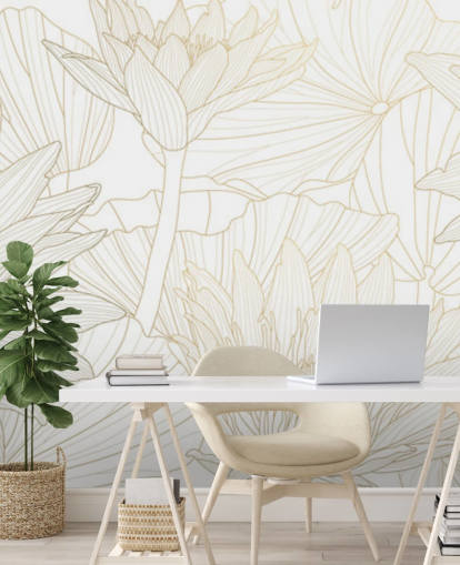 gold and white coloured line flowers wallpaper