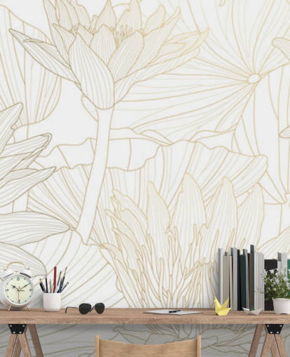 goud en wit gekleurde lijnbloemen behang