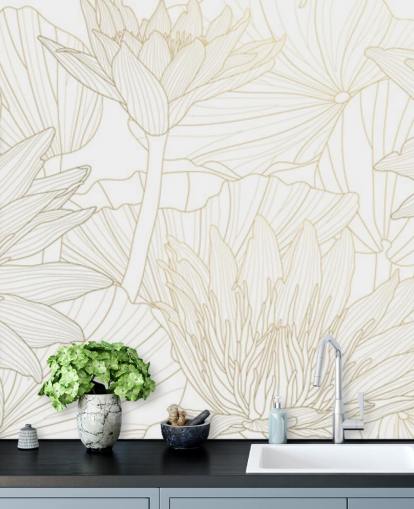 goud en wit gekleurde lijnbloemen behang goud en wit gekleurde lijnbloemen behang