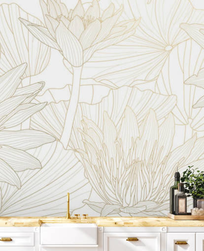 gold and white coloured line flowers wallpaper