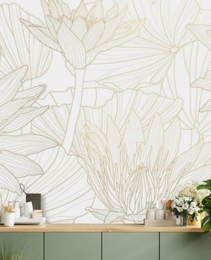 guld og hvide farvede linje blomster tapet