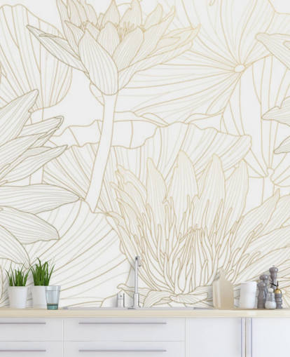 gold and white coloured line flowers wallpaper