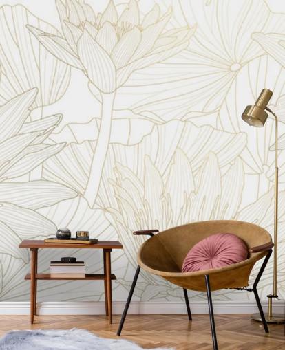 papel pintado de flores de líneas de color dorado y blanco