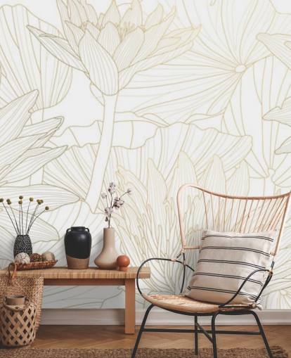 gold and white coloured line flowers wallpaper