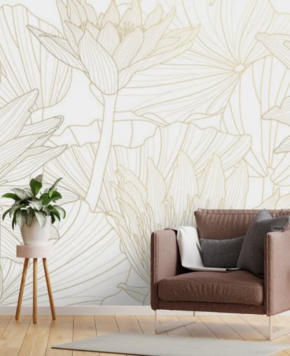 gold and white coloured line flowers wallpaper