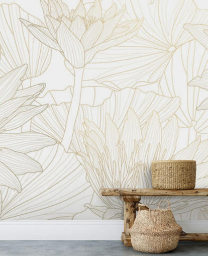 papel de parede de flores de linha dourada e branca