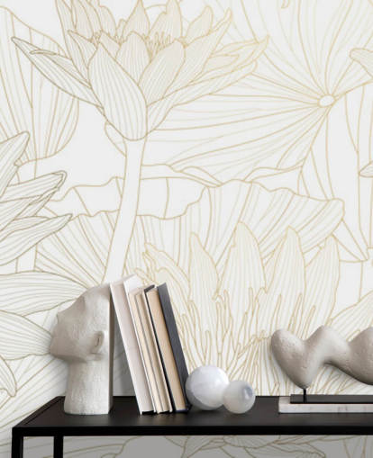 gold and white coloured line flowers wallpaper